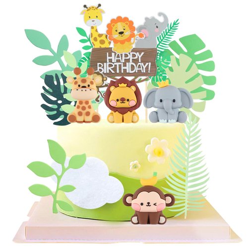 Jungle Safari Animal Cake Toppers, Wild One Animals Cake Decorations with Monkey Giraffe Lion Elephant Figurines, for Baby Shower Birthday Jungle Theme Party Supplies