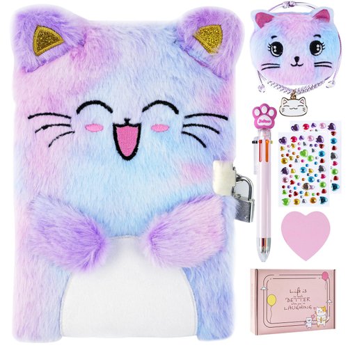 PJDRLLC Cat Diary with Lock, Gift for 6 7 8 Year Old Girl, Secret Diary Journal Notebook with Coin Purse, Bracelet, Multicolored Pen, Post-it Note, Stickers, Practical Gift for Birthday (A Happy Cat)