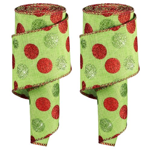 Tatuo 2 Rolls Christmas Wired Ribbon Christmas Glitter Burlap Ribbon Green Red Polka Dot Ribbon Christmas Tree Decoration DIY Craft Bows Wreath(Green Base, 2.5 Inch x 216 Inch Per Roll)