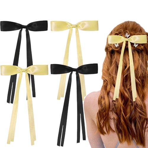 4Pcs Hair Bows Clips for Women, Black Yellow Hair Bow Ribbon, Bowknot Ponytail Holder Barrettes, Solid Satin Bow Hair Ties Accessories for Girls
