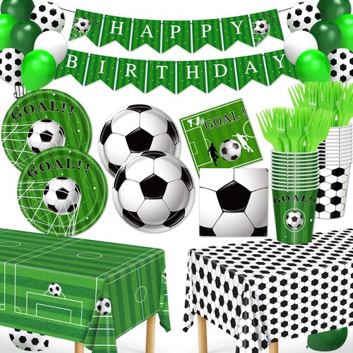 Soccer Party Decorations, 143Pcs Soccer Birthday Party Supplies-Serves 24 with Soccer Plates and Napkins Tablecloth and Birthday Banner Balloons for Soccer Sports Theme Birthday Decorations