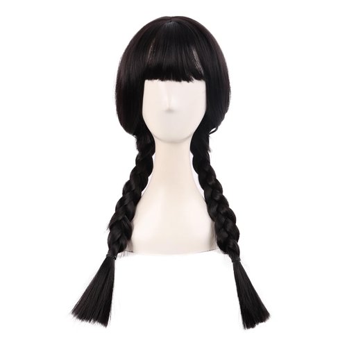 MapofBeauty 24 Inch/60 cm Long Braided Wig Flat Bangs Lolita Braid Ponytail Hair Anime Costume Cosplay wig Party Wigs (Black)