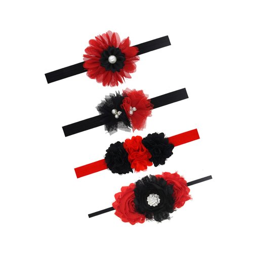 Black Red Flower Headband for Baby Girls Black Flower Red Hair Band Headdress JBC17 (4 Pcs-Set)