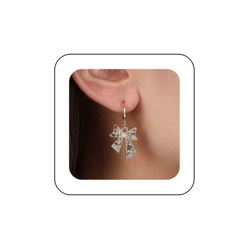 Sttiafay Vintage Crystal Bow Drop Earrings Gold Rhinestone Stud Earrings Pearl Bow Hoop Earrings Sparkly Cz Bow Earrings Jewelry for Women