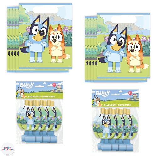 Unique Bluey Party Favors Set - 16 Bluey Goodie Bags, 16 Blowouts, Sticker - Bluey Birthday Decorations & Party Supplies, Bluey Party Favor Bags