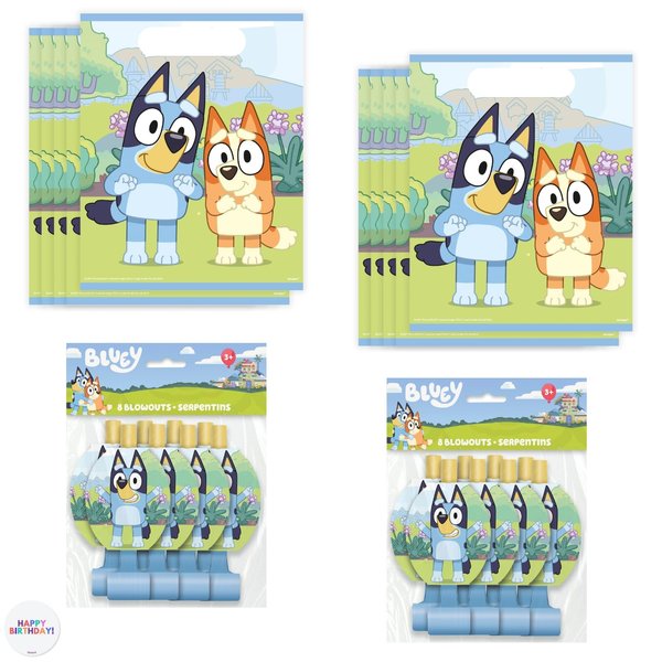 Unique Bluey Party Favors Set - 16 Bluey Goodie Bags, 16 Blowouts, Sticker - Bluey Birthday Decorations & Party Supplies, Bluey Party Favor Bags