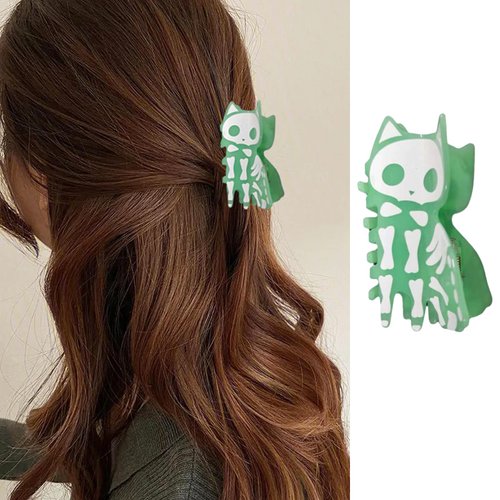 Halloween Skull Cat Hair Claw Clips Green Luminous Skull Cat Hair Clips Funny Cat Shape Hair Claw...