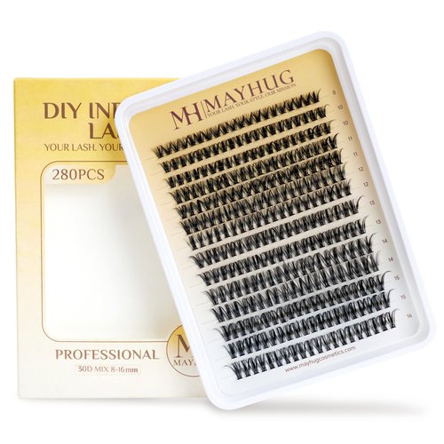 Mayhug Individual Lashes Lash Clusters 280Pcs 30D DIY Eyelash Extensions Wispy, D Curl False Eyelashes Natural Look, Fake Eyelashes Extensions at Home (30D, 0.05D, 8-16MIX)