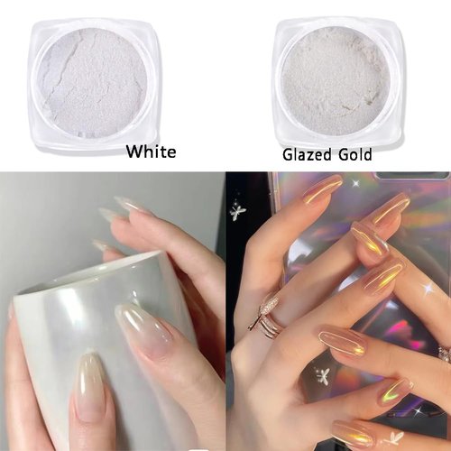 2 Boxes of Pearl Chrome Nail Powder Glazed Gold White Pearl Chrome Nails Powder, High Gloss Glitter Nail Art Ice Aurora Dust Nail Powder for Manicure Decorations