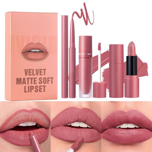 ARCHIDATE 3 in 1 Matte Velvet Lipstick Set- Lip Gloss, Lip Liner and Lipstick Set, High Pigment Non-Stick Cup Not Fade Waterproof & Long Lasting Lip Liner and Lipstick Combo, Easy to Build Lip Contour