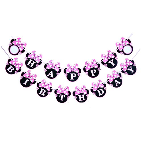 CHuangQi Minnie Themed Party Banner, Happy Birthday Banner, Birthday Party Supplies & Decoration