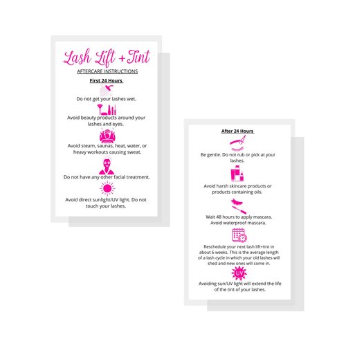 Lash Lift + Tint Aftercare Instruction Cards | 50 Pack | 2 x 3.5” inches Business Card Size | Eyelash Lift and Tint Kit at Home DIY aftercare Supplies | White with Pink Icon Design