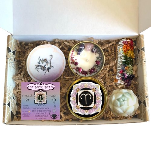 Aries Gift Set, Spa Bundle, Birthday, Compliment The Energies of Aries, Bath Bomb, Crystal Candle, Sage Smudge and Lotus Shaped Goat's Milk Soap