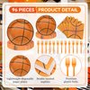 96 Pieces Basketball Themed Tableware Set - Sports Fan Disposable Dinnerware with Paper Plates, Napkins, Forks for Game Day, Team Celebrations, Birthdays Party Supplies for Kids Boys Serves 24 Guests