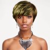 Melanin Manes Layered Pixie Cut Short Wig With Bangs 100% Brazilian Human Hair Ombre Brown with Blonde Highlights 4/27 180% Density Glueless Machine Made With Razor Comb With Wig Cap Adjustable Cap