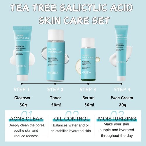 Tea Tree Salicylic Acid Skin Care Kit Teen Girl Gifts - 4 Pcs Skin Care Set Women Hydrating - Skin Care for Teens 10-12 - Acne Treatment for Face - Skincare Gift Set with Serum,Cream,Toner,Cleanser