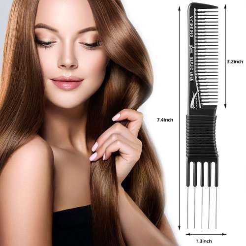 Patelai Hair Comb, 4 Pieces Carbon Lift Teasing Combs with Metal Prong, Salon Teasing Lifting Fluffing Comb with 5 Stainless Steel Pins for Women, Most Hair Types, Synthetic, Black and Purple
