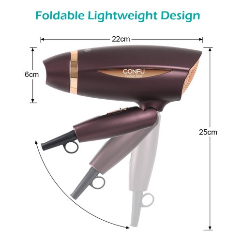 Ionic Portable Folding Hair Dryer, CONFU 1600W Ceramic Tourmaline BlowDryer for Home Travel, Compact Size Lightweight Blow Dryer Best for Pregnancy Kids Use （Brown）