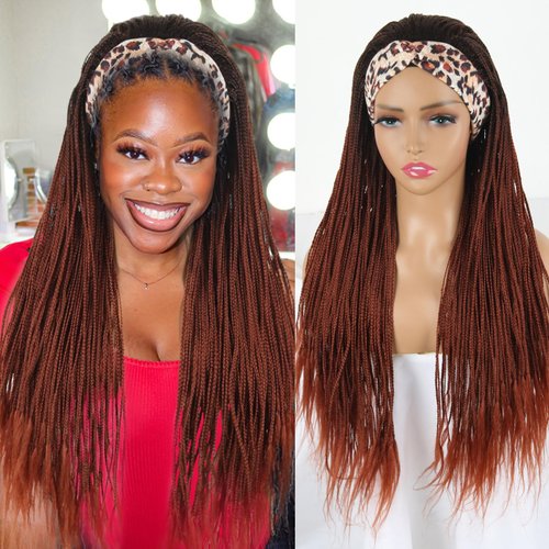 Burgundy Braided Wigs with Headband Attached Ombre Red Crochet Hair Wrap Wig Synthetic Goddess Box Braids Crochet Hair for Black Women Long Black Mixed Red Knotless box braid wig 30 inch