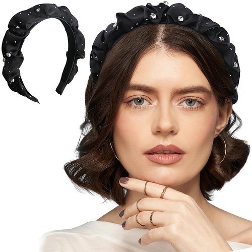 Ababalaya Black Puffy Hairband Headbands for Women Solid Wide Simple Headband for Girls Plain Soft Satin Hair Band Hoop No Teeth Thick Head Bands Hoops for Teen Girls Hair Accessories