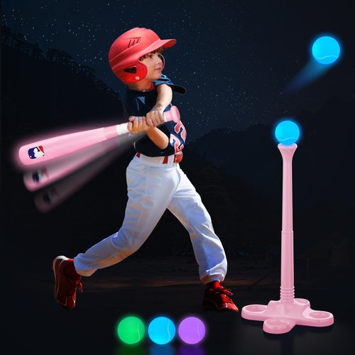 Leshein T Ball Set, Light Up LED Baseball Toys for Kids Toddlers 3-10, Glow in The Dark Tee Ball Set, Rechargeable Portable Toddler Outdoor Toys for Barkyard Camping, Gifts for Boys Girls (Pink)