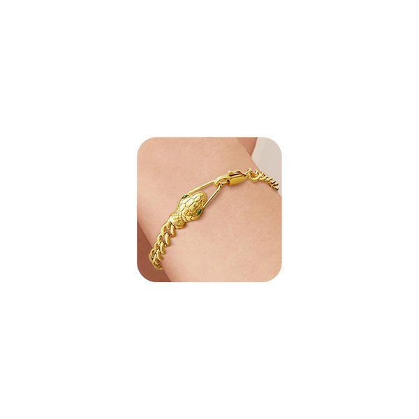 Gold Cuban Link Bracelet for Women-18k Gold Plated Stainless Steel Chain Bracelets, Green Eye Cubic Zirconia Snakehead Bracelet Jewelry Non Tarnish, Christmas Gifts for Wife Mom Girlfriend