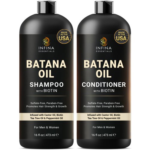 INFINA ESSENTIALS Batana Oil Shampoo and Conditioner Set - Biotin & Tea Tree Oil for Hair Growth & Thickness - Moisturizing & Nourishing Shampoo for Thinning Hair for Men & Women - 16 fl oz Each