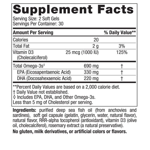 Nordic Naturals Omega-3D, Lemon Flavor - 60 Soft Gels - 690 mg Omega-3 + 1000 IU Vitamin D3 - Fish Oil - EPA & DHA - Immune Support, Brain & Heart Health, Healthy Bones - Non-GMO - 30