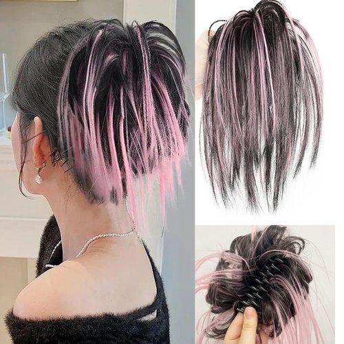 Claw Clip Messy Hair Piece Tousled Updo Messy Hair Bun Hair Scrunchies Synthetic Wavy Curly Chignon Hair Extension Ponytail Hairpieces for Women (Balck mixed Pink)
