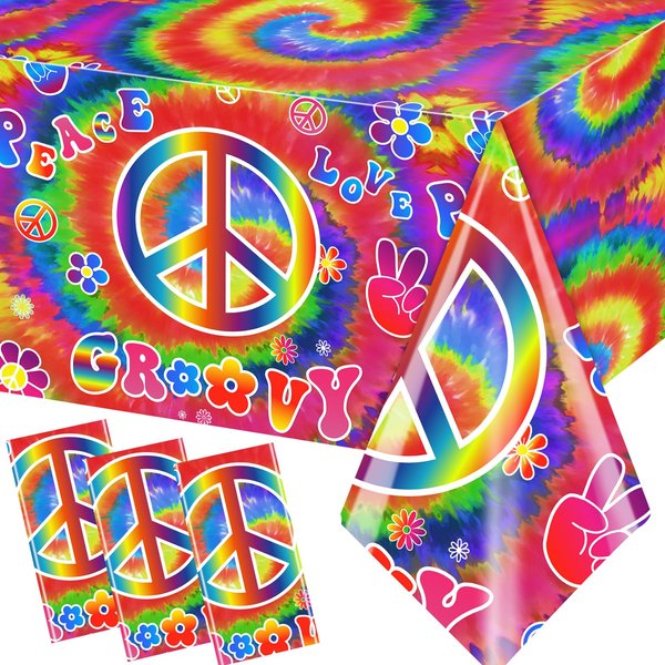 Tie Dye Birthday Party Supplies, 60's Hippie Theme Tablecloth 3Pcs Groovy Hippie Table Cover Peace Love tie dye Table Cloths for Parties