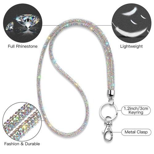 Soleebee Rhinestone Office Lanyard, 31.5'' Bling Neck Lanyard with Metal Clasp & Keyring, Crystal Lanyard for Women, ID Card, Keys Strap (AB Color)