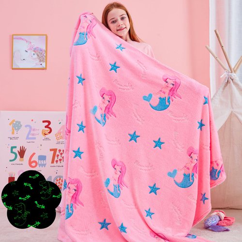 QSTEHEML Mermaid Glow in The Dark Blanket for Girls,Mermaid Gifts for Girls Age 3 4 5 6 7 8 9 10 11 12 Year Old, Soft Throw Blanket for Kids Girls-Christmas Birthday Bedroom Decor 50"×60"