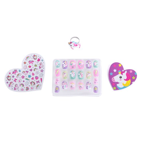 Hot Focus Pop Nail Glitz - 3D Unicorn Nail Art Kit for Girls - 65 Piece Set Includes 3D Press on Nails, Nail Stickers, Nail File and Ring