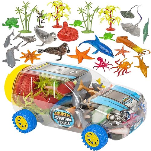 ArtCreativity Aquatic Vehicle Playset, 37-Piece Set with Assorted Ocean Animal Figures and a Clear Storage Truck, Ocean Toys for Kids That Work as Bath Toys and Under The Sea Party Decorations