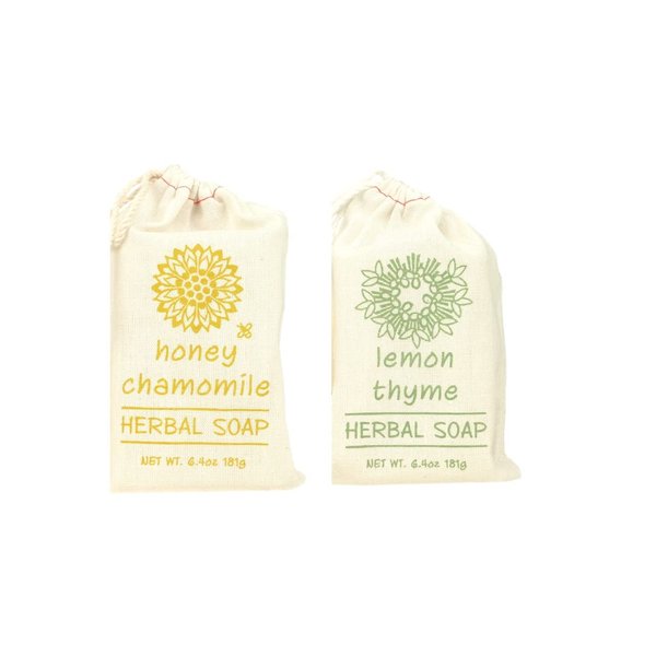 Greenwich Bay Trading Set of 2 Herbal Soaps Honey Chamomile and Lemon Thyme - 6.4 Oz Bars Wrapped in Drawstring Cloth Sacks-Enriched with Shea Butter, Virgin Olive Oil and Fresh Botanical Scents