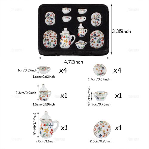 AUEAR, 15 Pack Miniature Ware Porcelain Tea Set 1:12 Miniatur Dish Cup Plate Classic Kitchen Accessories(Gold Leaf Pattern)