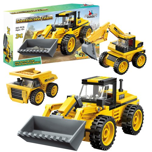Apostrophe Games 3 in 1 Construction Team Building Block Set (203 Pieces) Build a Loader, Dump Truck or Excavator, for Kids and Adults