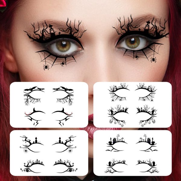 16Pcs Halloween Eyeshadow Eyeliner Temporary Tattoos Sticker Spider Web Skull Bat Eye Line Strips Eye Face Makeup Decals for Women Girls Halloween Masquerade Party 3D Self- Adhesive Eye Art Decor