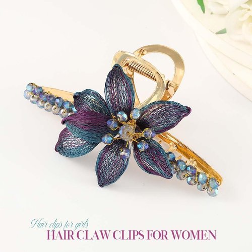 BARTOSI Copper Wire Flower Hair Claw Clips Blue Handmade Beaded Hair Clip Floral Hair Claw Clamps Hair Accessories for Women