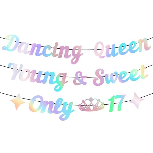 Generic Dancing Queen Young & Sweet Only 17 Banner, Iridescent Happy 17th Birthday Party Decor for Girls, Dancing Queen 17th Birthday Party Decorations, Funny 17th Birthday Party Decorations