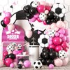 Soccer Party Balloon Garland Arch Kit, Black Hot Pink Balloon Decorations with Soccer Foil Balloon for Women Girls Kids Birthday Sports Party, Soccer Football Theme Birthday Party Decor Supplies