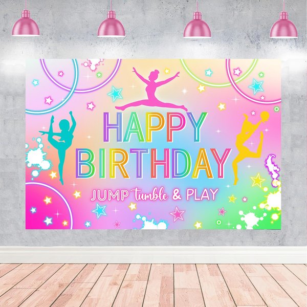 kreat4joy Gymnastics Birthday Party Decorations Backdrop, Gymnastics Birthday Party Supplies Backdrop Banner for Girl Jump Tumble Play Birthday Decorations Photography Background 5 x 3 ft