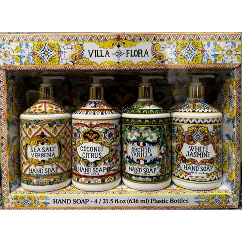 Villa Flora Hand Soap Collection, 4 Bottles of 21.5 fl.oz, Sea Salt Verbena, Coconut Citrus, Orchid Vanilla, White Jasmine Scents