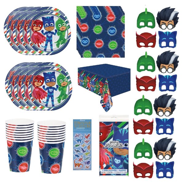 PJ Masks Birthday Party Supplies Decoration Bundle includes Lunch Plates, Napkins, Cups, Table Cover, Paper Masks (Bundle for 16)