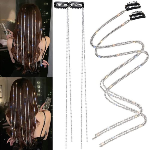 OBENIM HALIM Rhinestone Hair Chains Silver Crystal Punk Hair Clips Extensions Braided Hair Clip Tassel Bling Long Rhinestone Decorative for Women Girls Party Gift Accessories 4 PCS, Black,Silver