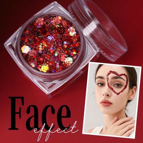 Teenitor Face Glitter Body Glitter, Red Body Glitter Gel, Hair Glitter Gel, 6 Shapes Rave Glitter, Body Makeup Glitters Face Paint, Chunky Sparkling Glitter Gel for Women