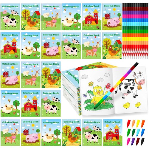 bobosufit 24 Pcs Coloring Book for Kids Bulk with 24 Crayons Farm Party Favors Mini Drawing Book Bulk for Kids Students Classroom Gifts Party Favors… (Farm)…