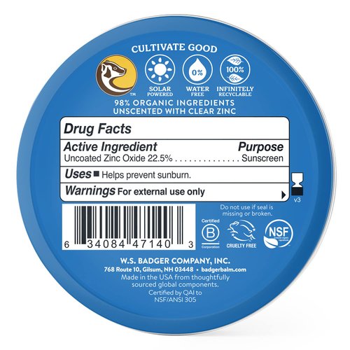 Badger Coral Reef Safe Sunscreen Tin, SPF 40 Zinc Oxide Sunscreen, Broad Spectrum, Water Resistant, Travel Size Sunscreen, Sun Skin Care, Unscented, 2.4 oz