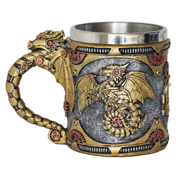 alikiki Medieval Steampunk Dragon Mug - Renaissance Mechanical Dragons Beer Stein Tankard Stainless Coffee Cup Father Day Gift Mug for Dragon Collector Lovers Themed Party Decoration (14OZ)