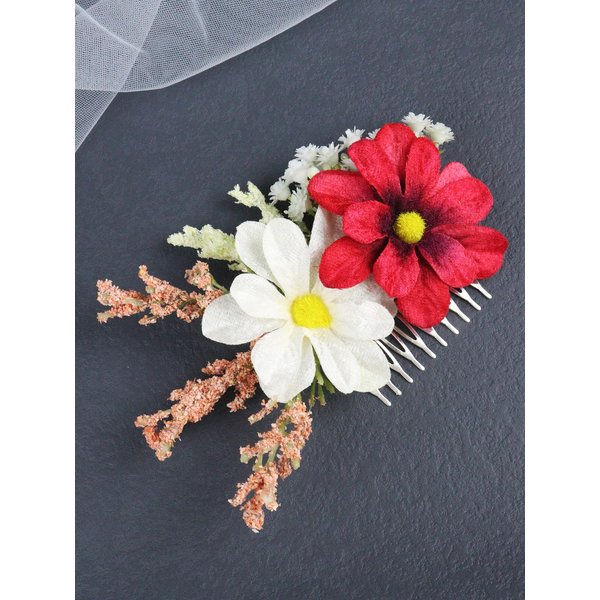 Brihasory Flower Hair Comb Boho Side Combs for Women and Girls, White and Red Artificial Flower Hair Clip Floral Hair Headpiece for Brides and Bridesmaids Valentines Day Festival Gifts